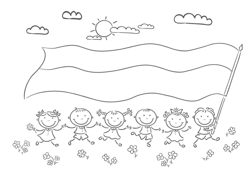 Kolorowanka wesołe dzieci z flagą Polski